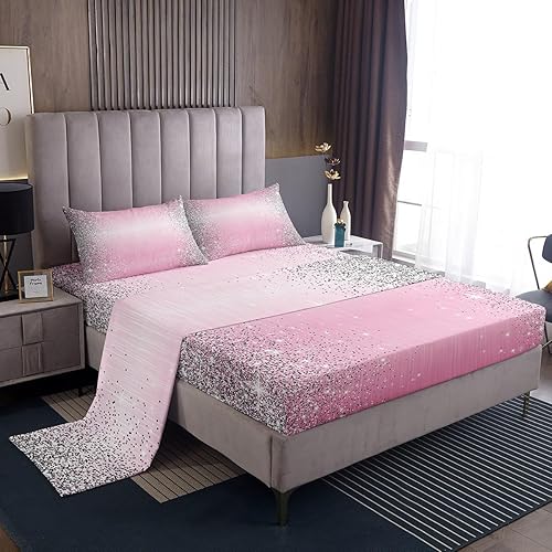 Juego de sábanas con estampado de purpurina tamaño matrimonial, juego de ropa de cama rosa a la moda para decoración de habitación de niños y niñas,