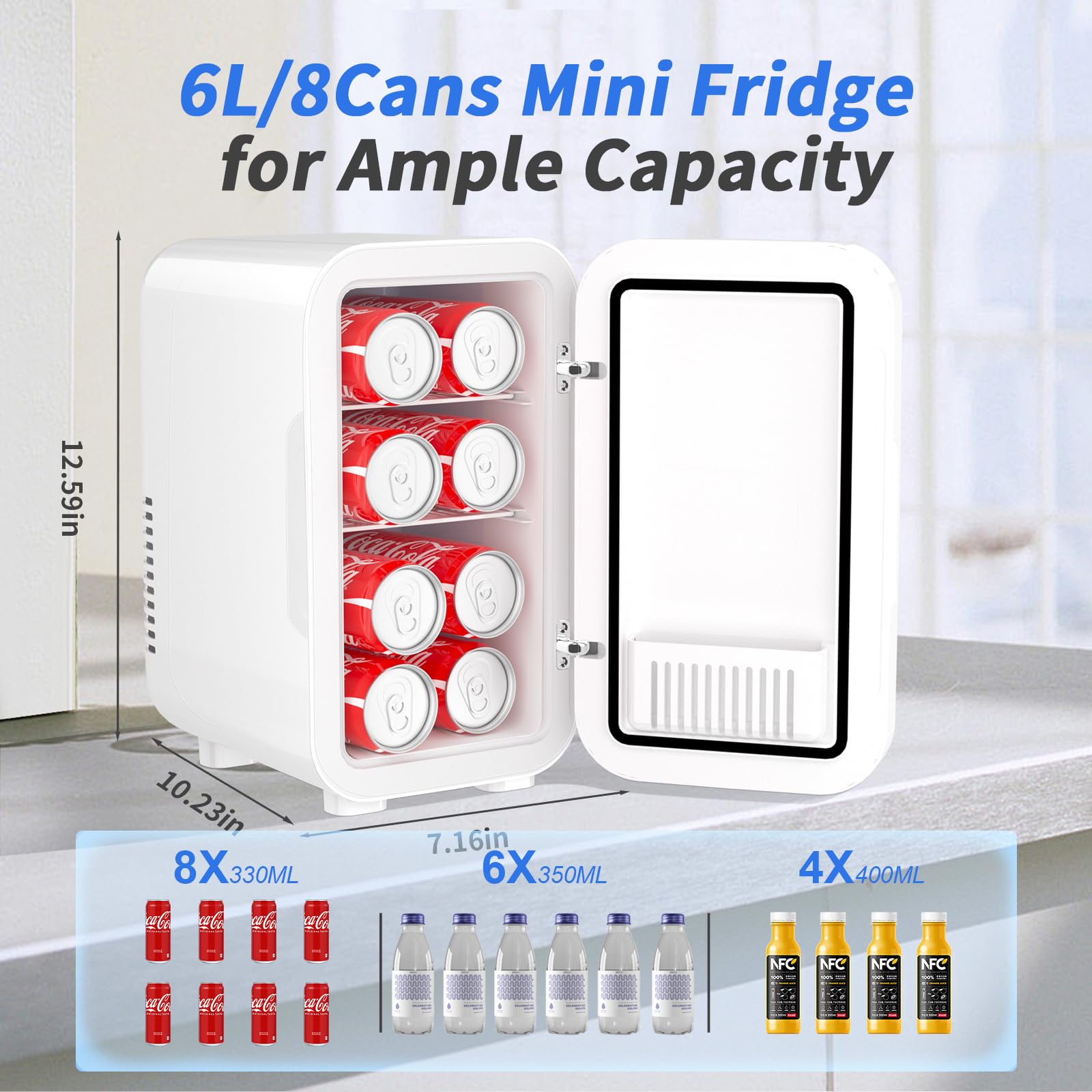 YASHE Mini 6 litrów/8 puszek 220-240 V AC/DC, przenośna chłodziarka termoelektryczna, lodówka do sypialni, do pielęgnacji skóry, napojów, biura, akademika i samochodu, biała
