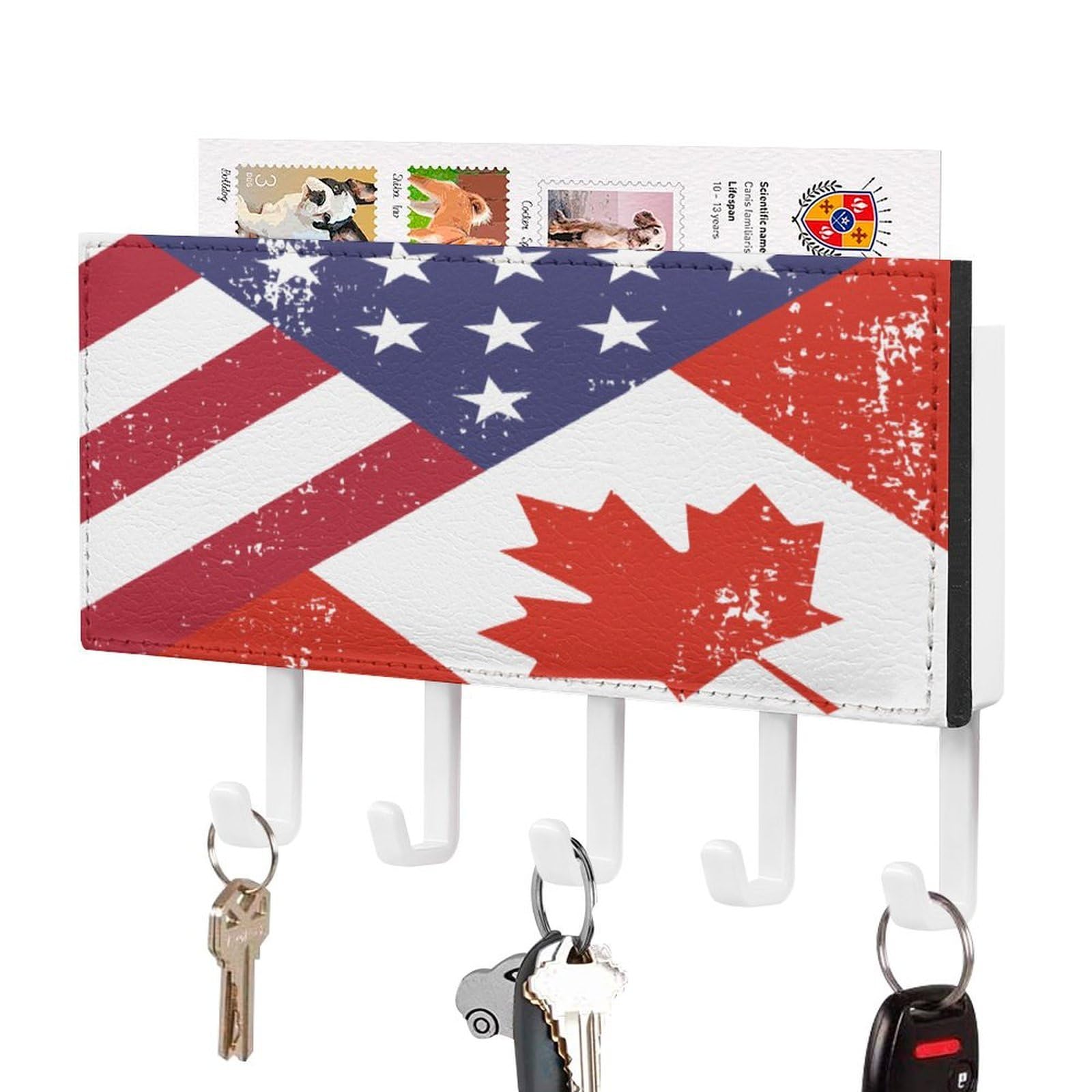 NCLQVJXZKHW Retro America Canada Flag Key Holder with 5 Hooks Key Hooks Wall Mounted Key Racks Key Hanger Organiser Shelf