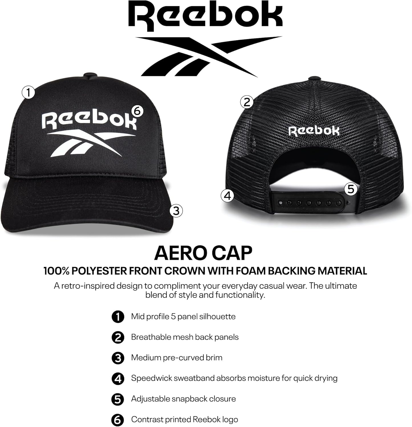 Reebok Aero Trucker Hat | Snapback | Adjustable | Mesh Back | Retro | Baseball | Streetwear | Urban | Lifestyle - White - Image 8