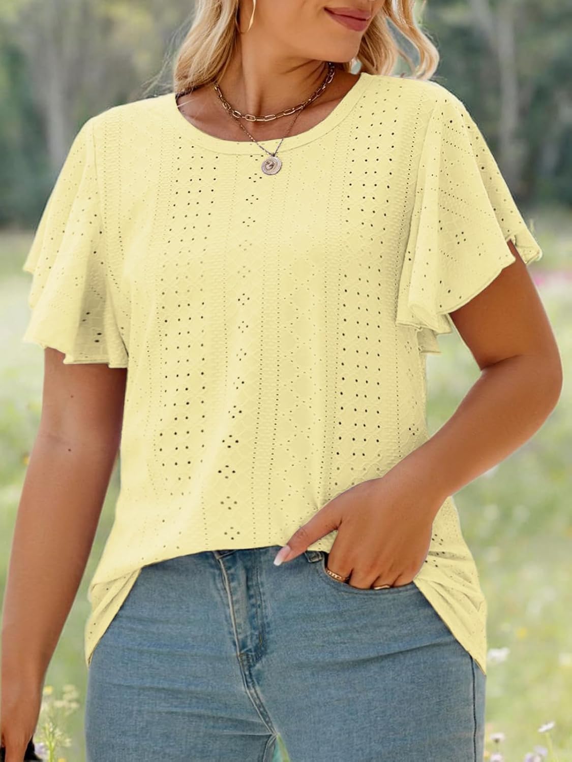 VISLILY Womens-Plus-Size-Summer-Tops Ruffle Short Sleeve T Shirts Crewneck Eyelet Tunics Casual Loose Tee - Image 5