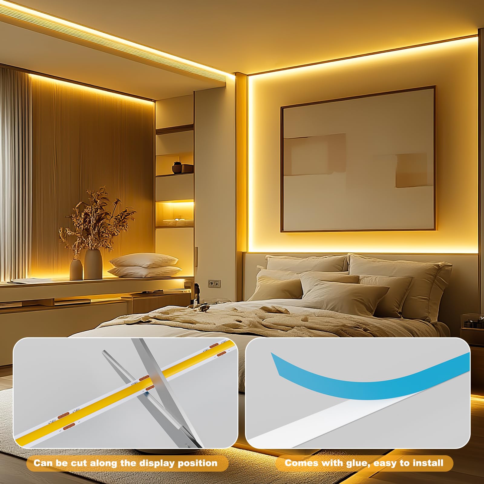 Striscia LED Striscia LED COB 5m, Banda LED 2700K Bianco Caldo Dimmerabile con Telecomando, Striscia LED Autoadesiva 24V, 36W Illuminazione TV LED Molto Luminosa per Cucina, Soggiorno, Scale