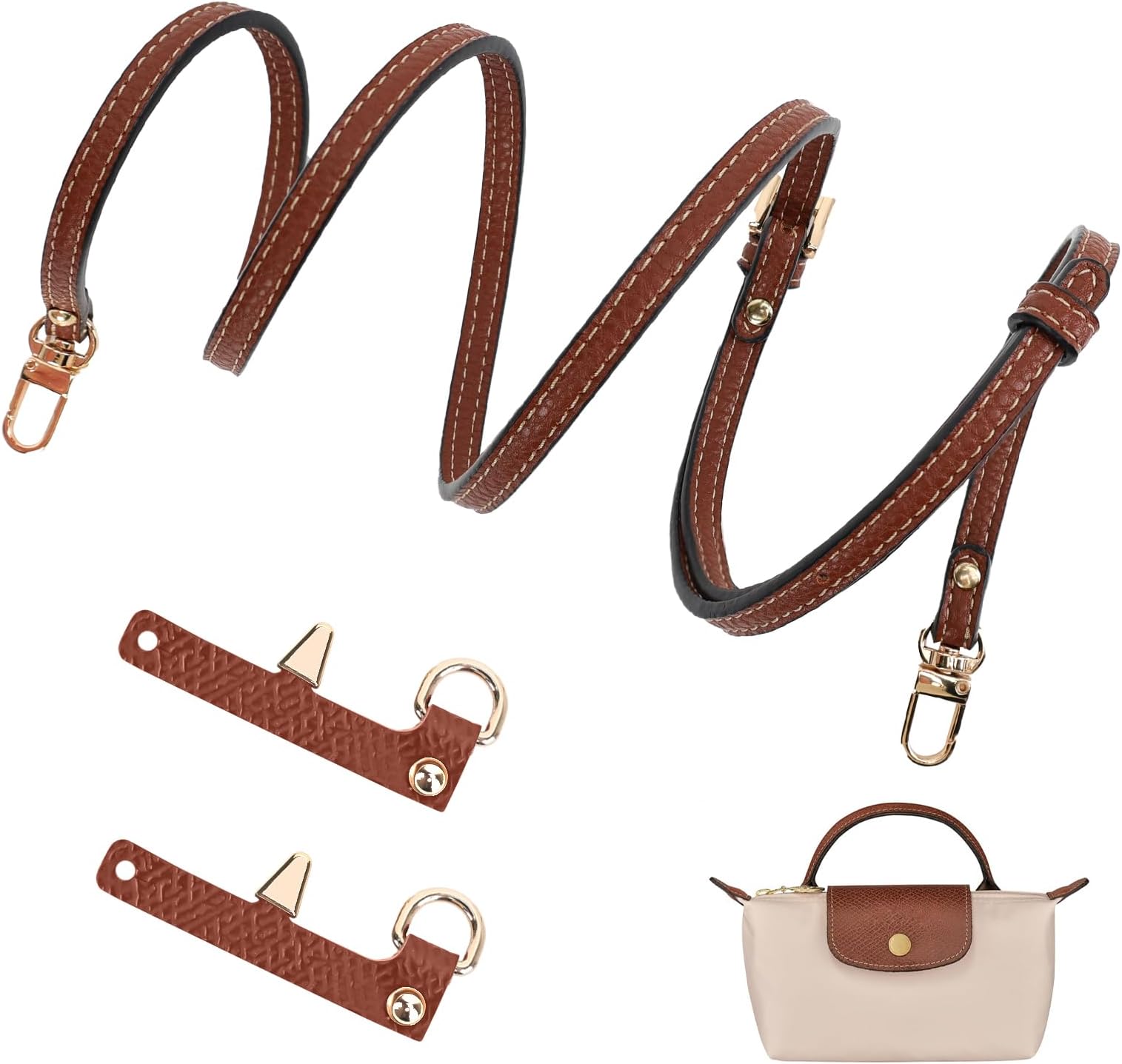 Strap for Longchamp Mini Bag, Brown Adjustable Straps for Crossbody Handbags, Leather NO Punch Strap for Long Champ Bag