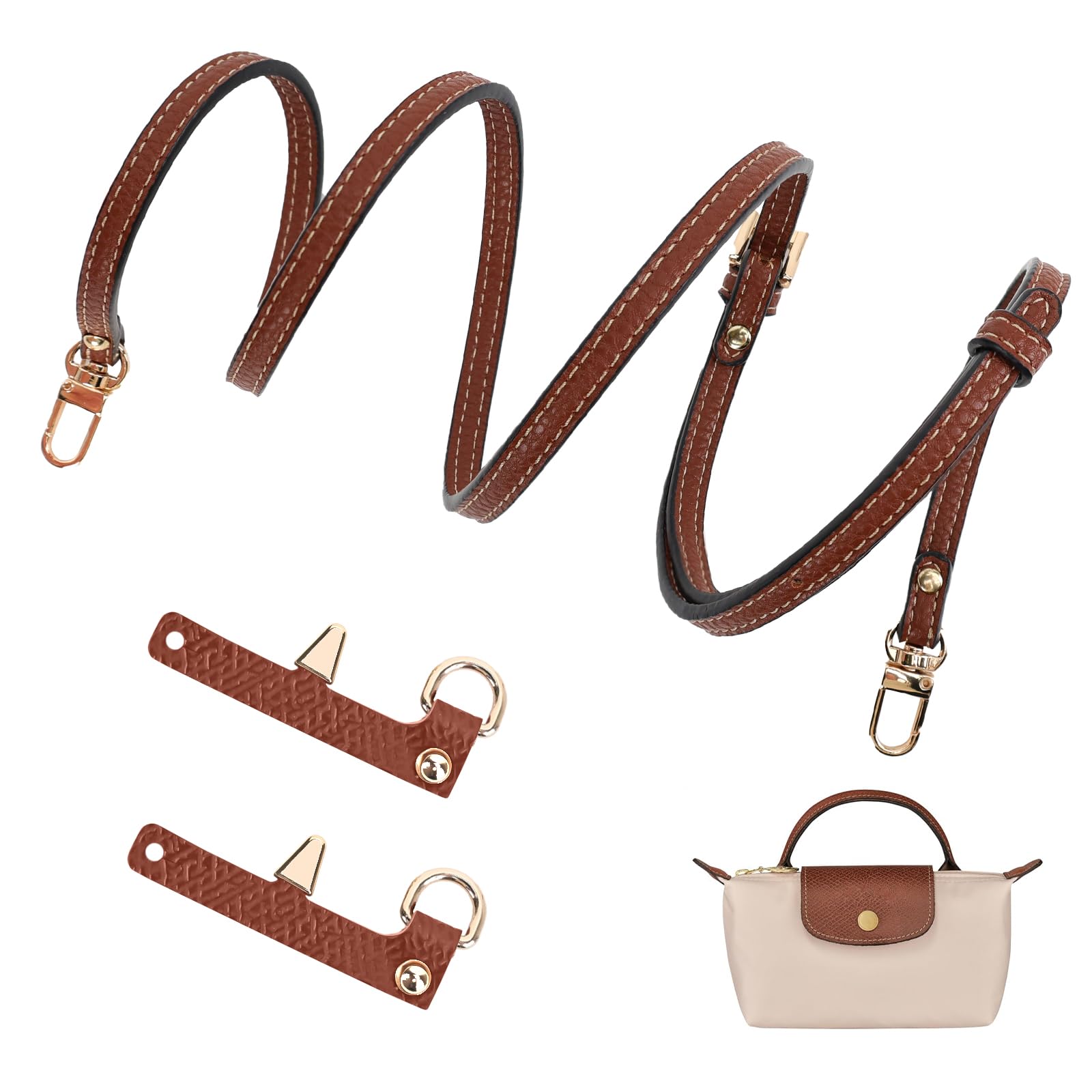 Strap for Longchamp Mini Bag, Brown Adjustable Straps for Crossbody Handbags, Leather NO Punch Strap for Long Champ Bag
