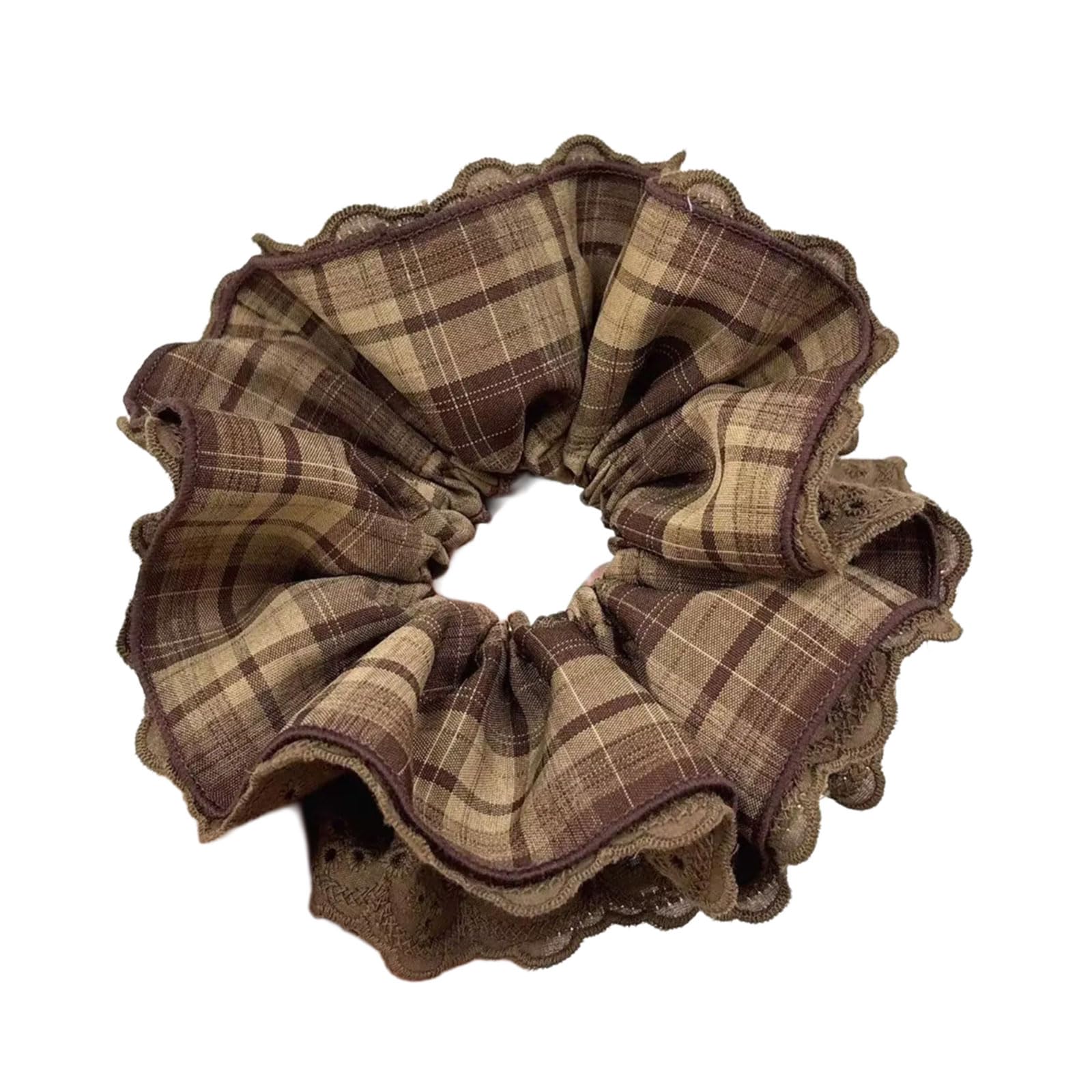 Fentency Elegant Coffee Checkered Lace Hair Scrunchie For Women HairStyle MultiLayered Design Ponytial Holder Daily Accessories