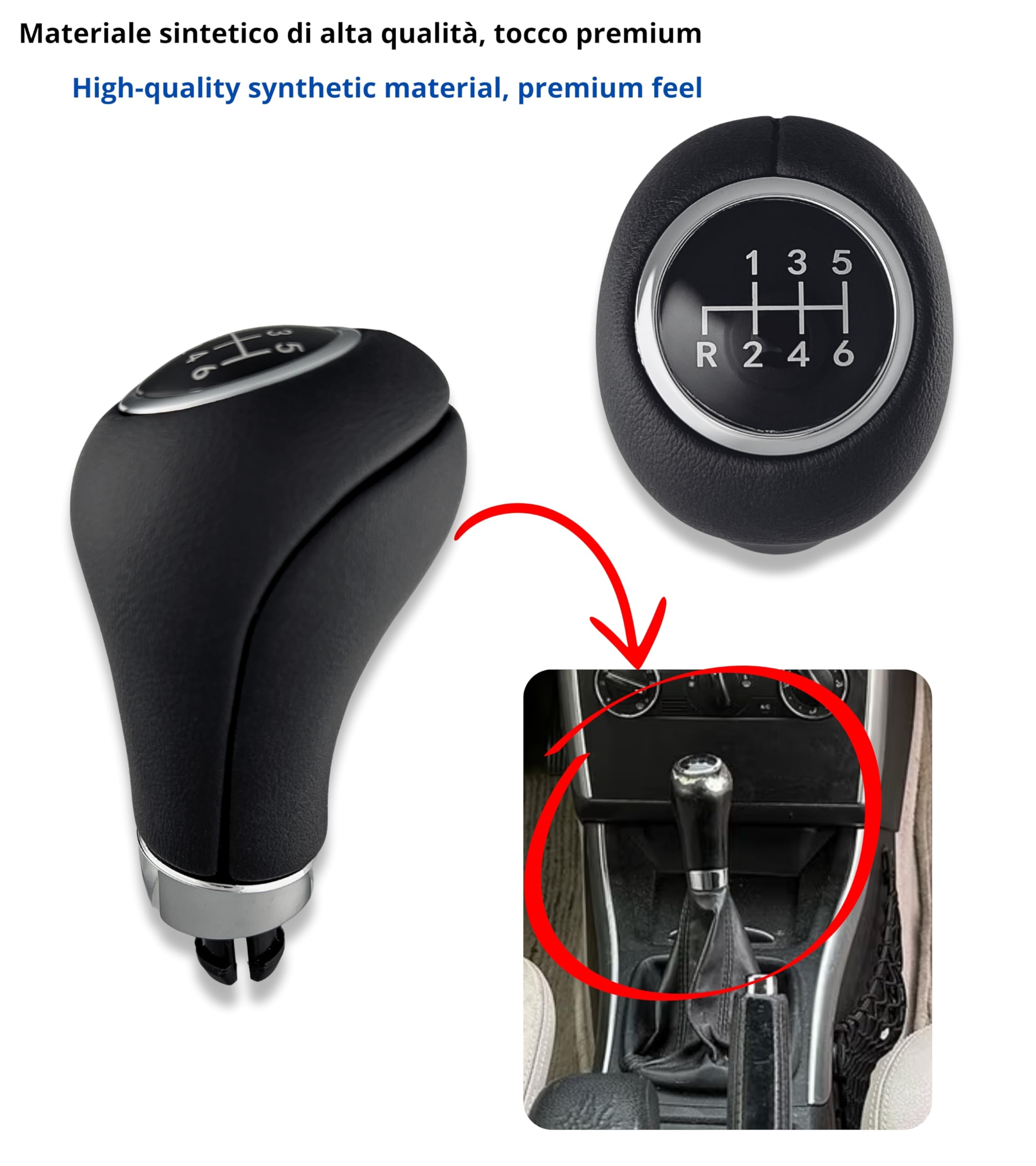 1neiSmartech Pomello Leva Cambio Manuale 6 Marce Compatibile con Mercedes Classe A B C E CLK Pre-Facelift 2000–2012, con Foro 8mm, Inserti Argento, Retromarcia a Sinistra