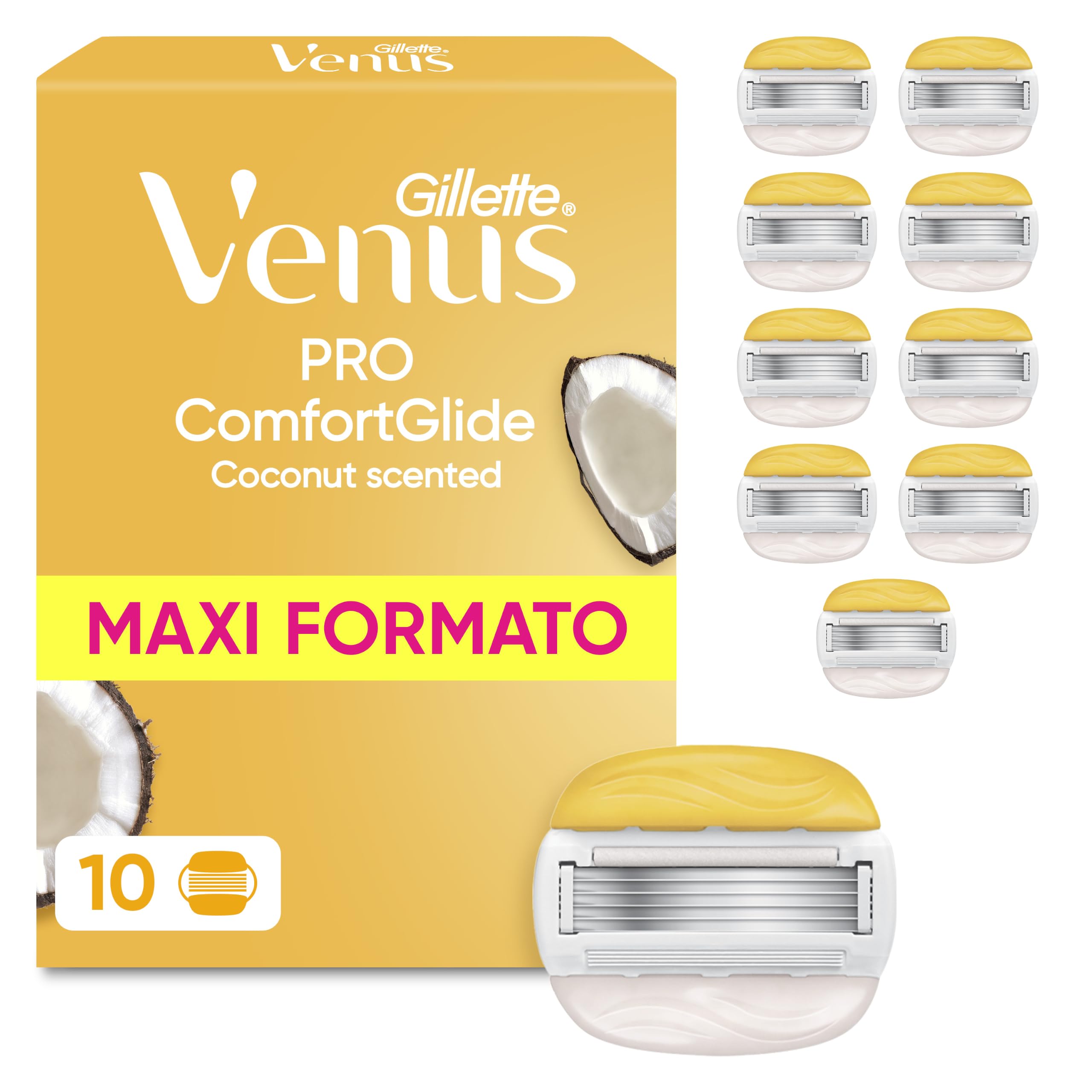 Gillette Venus Pro Comfortglide 10 Lamette di Ricambio a 5 Lame per Rasoio da Donna Venus, al Profumo di Cocco, Lamette Donna Adatte a Depilazione Corpo