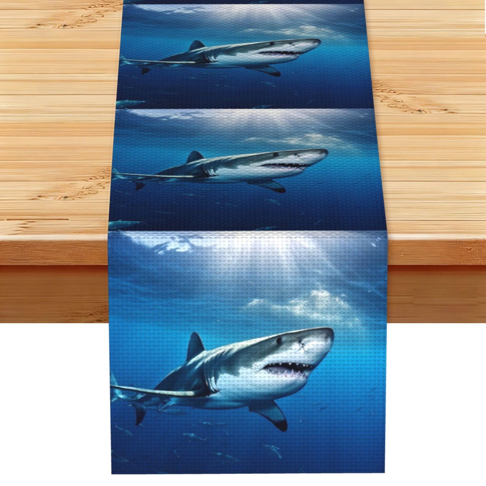Ocean Sea Animal Shark Table Runner 13 x 72 Inches Long, Cotton Linen Table Runners for Kitchen Dining Table Decoration - Washable Tablecloth Modern Tablerunner for Home Party Decor