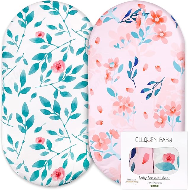 2 Pack Moses Basket Sheets, 100% Microfiber- Breathable, 81 x 41 x 8 cm Cozy and Lightweight Baby Bassinet Sheets for Boy and Girl, Fits All Bassinet Mattress Shapes (Flowers)