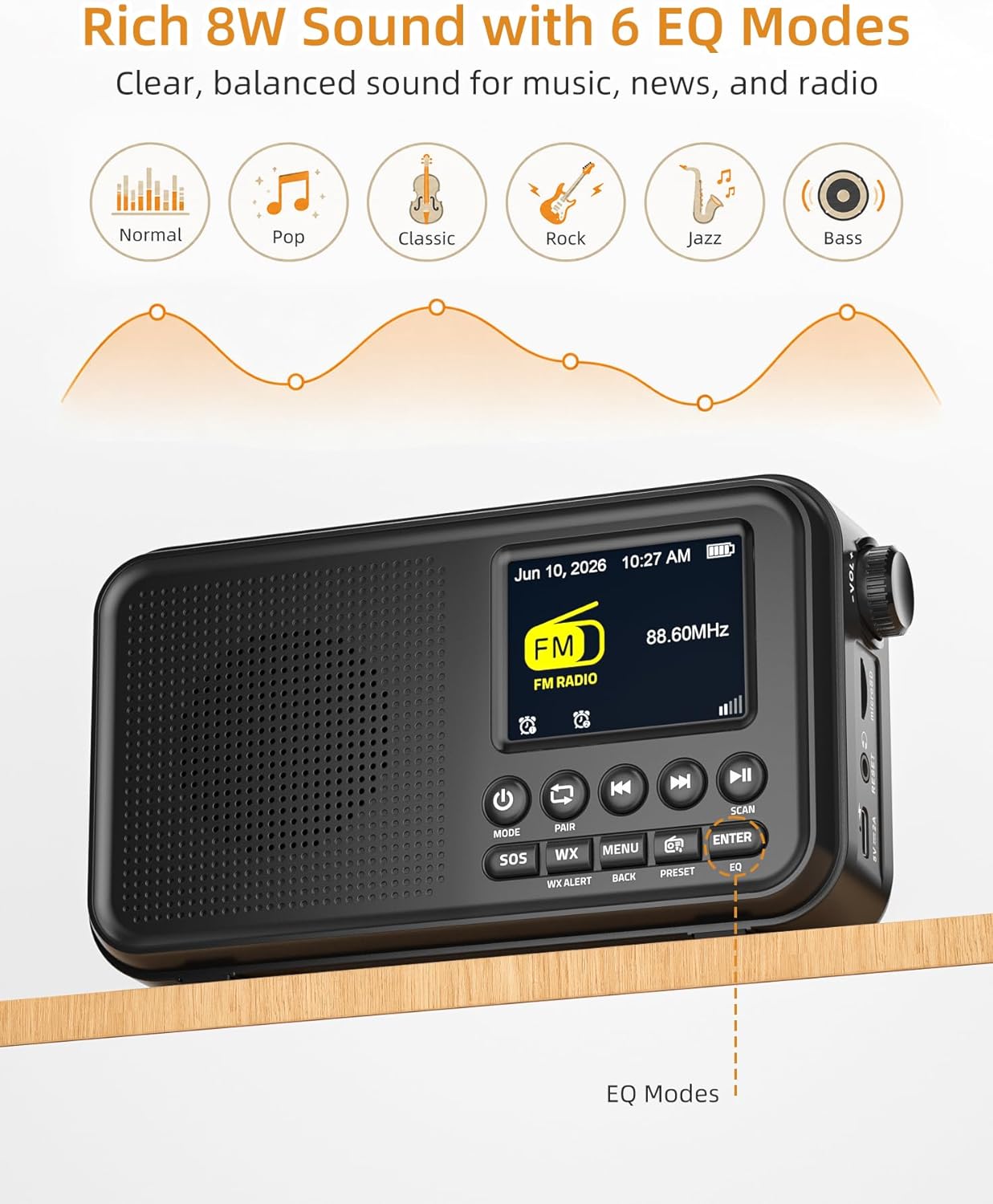 Mesqool CR1031 radio displaying FM radio mode and EQ settings.