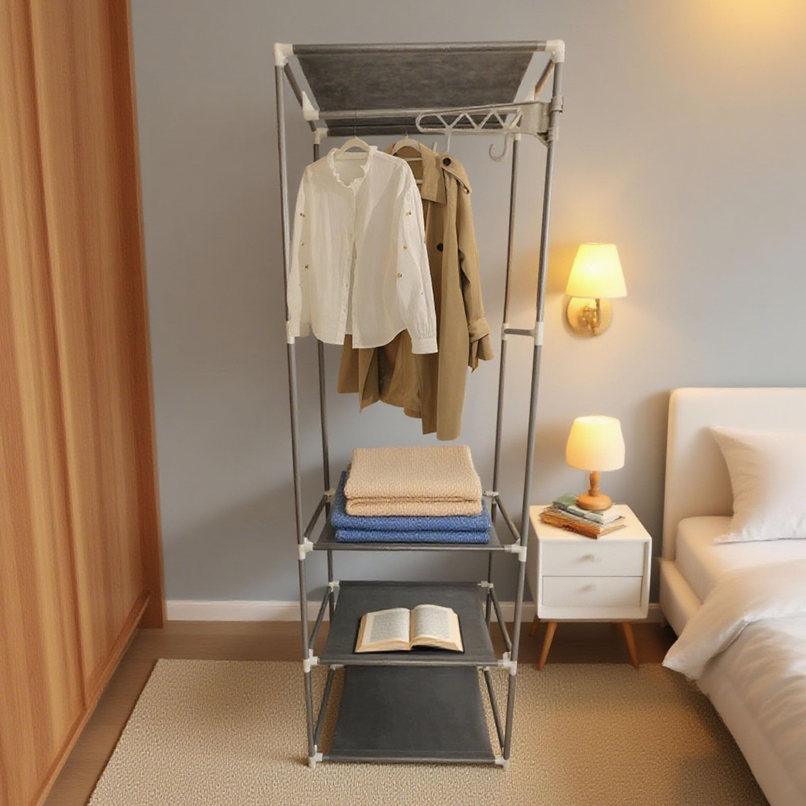 Armadio per Abiti con Scaffali, Capiente Multifunzionale Ripiani e Ganci, Grigio Materiale Acciaio per Affittuari Armadio Camera da Letto