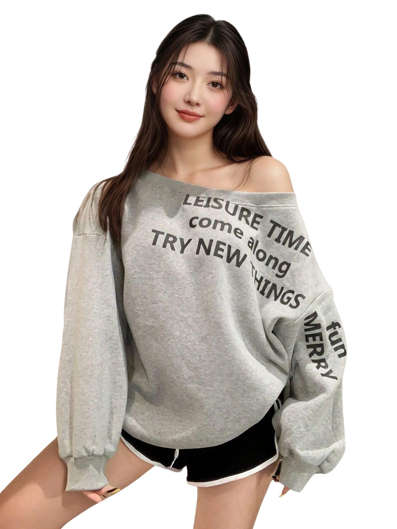 sxv style Women's Casual Asymmetrical Neck Loose Batwing Sleeve Sweatshirt-picture-40
