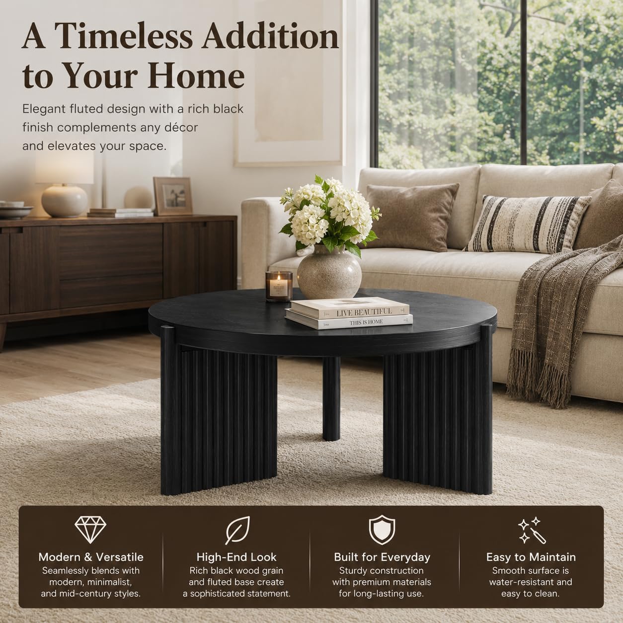 Luoxiao Round Coffee Table, 27.5" Fluted Coffee Tables for Living Room | Small Circle Accent Table for Apartment, Sturdy Ribbed Base, Rounded Edges, Thick Tabletop, Easy Assembly, Modern, Black