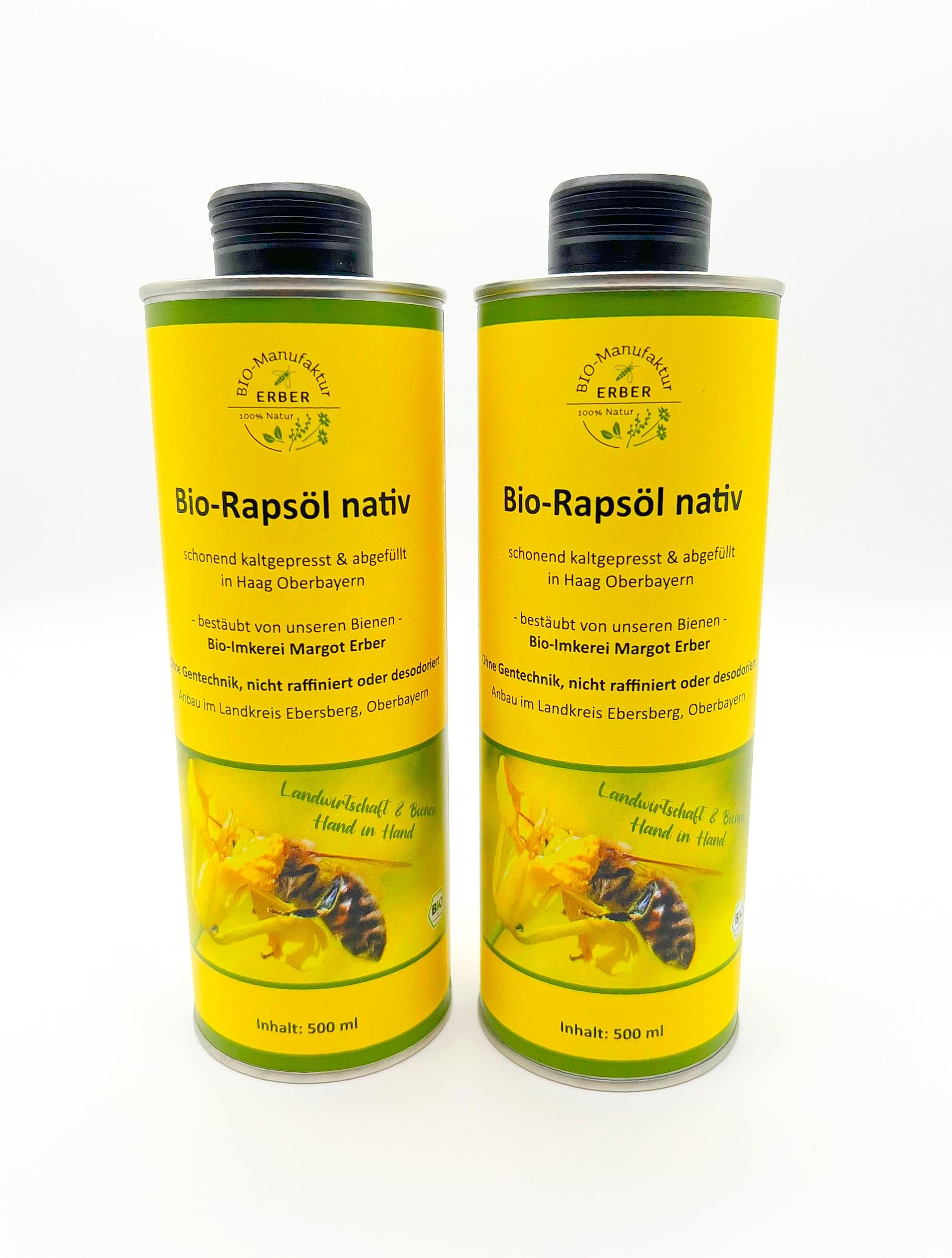 Bio-Rapsöl nativ 2x500 ml kaltgepresst, angebaut und abgefüllt in Oberbayern, Naturland Landwirtschaft, für eine vegane und glutenfreie Ernährung geeignet (1000 ml)