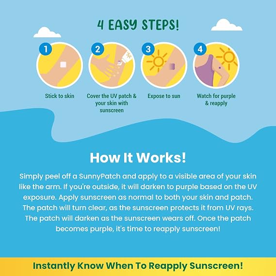 NATPAT BuzzPatch Sunny Patch UV Detecting Patches for Kids and Adults (24 Pack) – The Natural Patch - All-Natural Waterproof Patches, Changes Color When Time To Reapply Your Sun Protection Cream