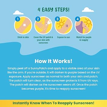 NATPAT BuzzPatch Sunny Patch UV Detecting Patches for Kids and Adults (24 Pack) – The Natural Patch - All-Natural Waterproof Patches, Changes Color When Time To Reapply Your Sun Protection Cream