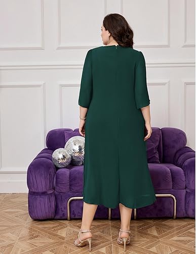 Miniatura 5 de Hanna Nikole Vestido de cóctel de gasa para mujer, talla grande, con volantes, manga 34, vestidos de fiesta de invitados de boda con dobladillo alto