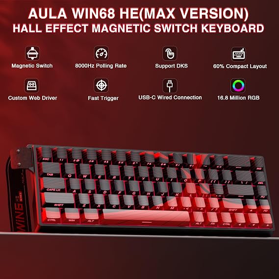 AULA WIN68 HE MAX - Hall Effect Gaming Keyboard with Magnetic Switch, Adjustable Actuation Fast Trigger Mode, 8KHz Polling Rate, RGB Backlit Wired Mechanical Gaming Keyboard 60 Percent Compact Design