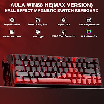 AULA WIN68 HE MAX - Hall Effect Gaming Keyboard with Magnetic Switch, Adjustable Actuation Fast Trigger Mode, 8KHz Polling Rate, RGB Backlit Wired Mechanical Gaming Keyboard 60 Percent Compact Design