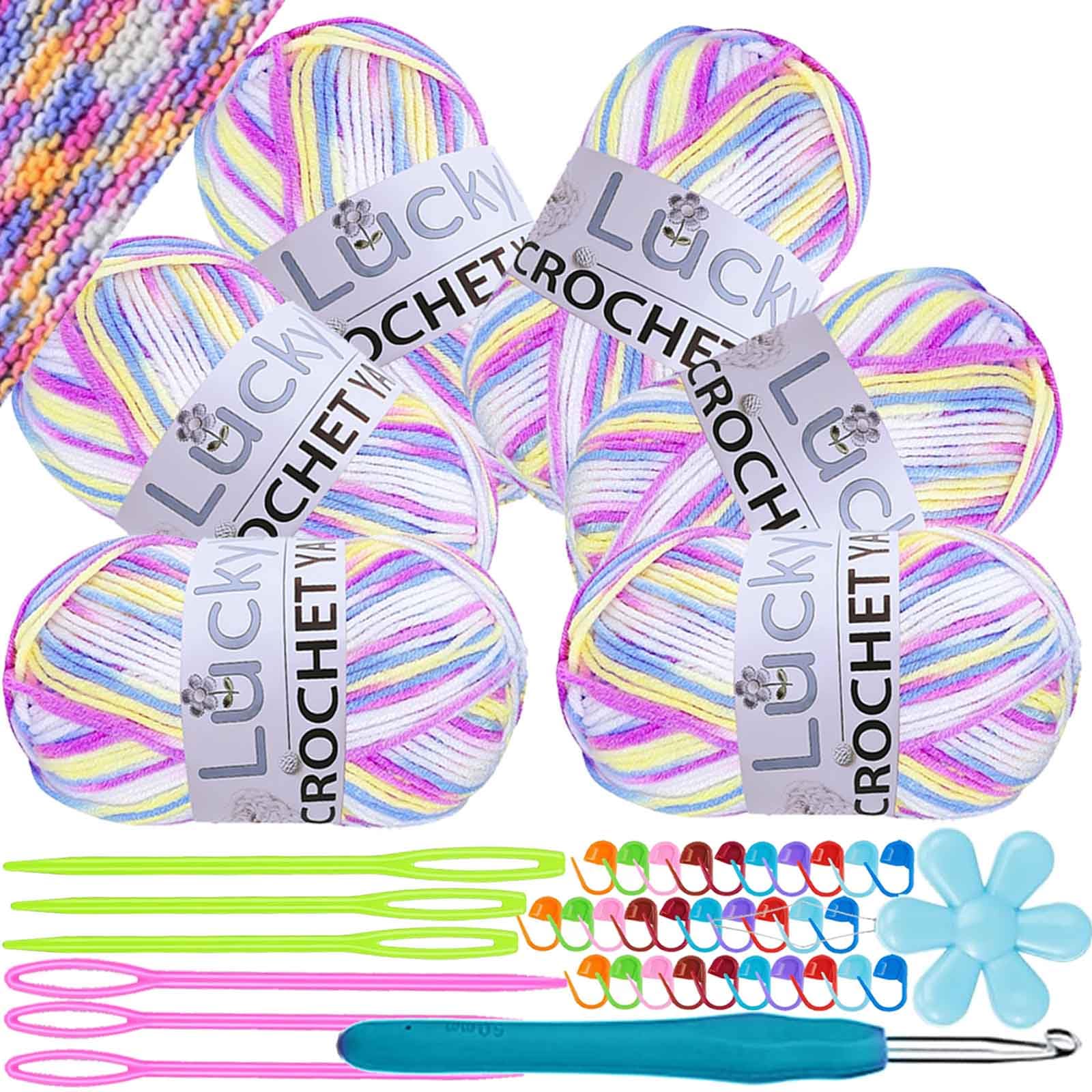 Crochet Yarn Double Knitting Wool (6X50g), Multicoloured Acrylic Yarn Crochet Wool with Aluminum Crochet Hooks Stitch Markers for DIY Craft Blankets Socks Dolls (Purple White Gradient)