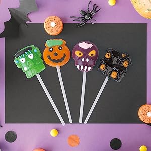 Halloween Lollipop Suckers Individually Wrapped Bulk - Spooky Candy Lollipops - Pumpkin, Green Monster, Zombie, Haunted House Candies for Kids Halloween Goody Bag Fillers and Party Favors - Trick or Treat - 24 Pack