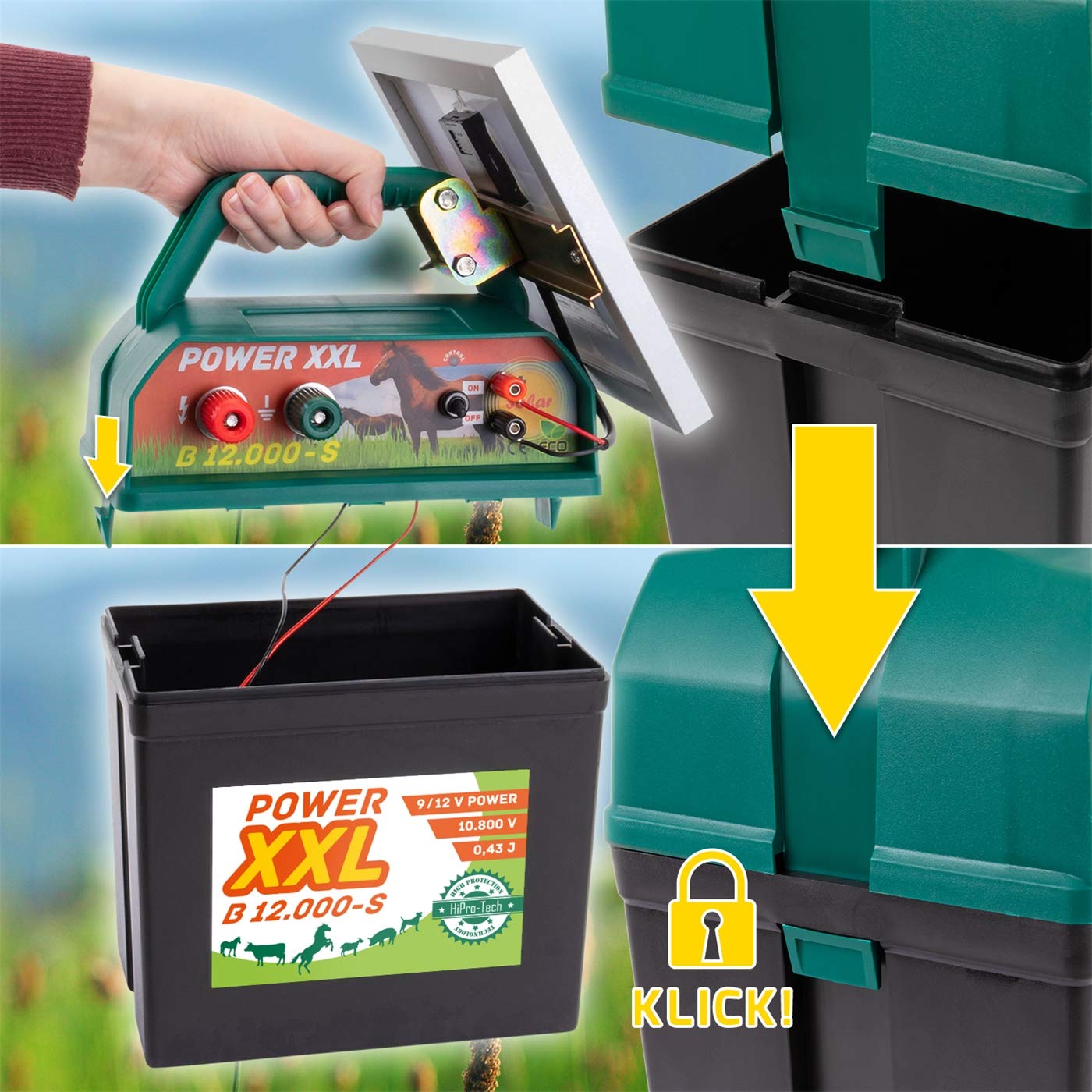 Elettrificatore B 12.000-S, Elettrificatore da 9 V /12 V, con efficiente modulo Solare, per recinzioni per Cavalli, Pony