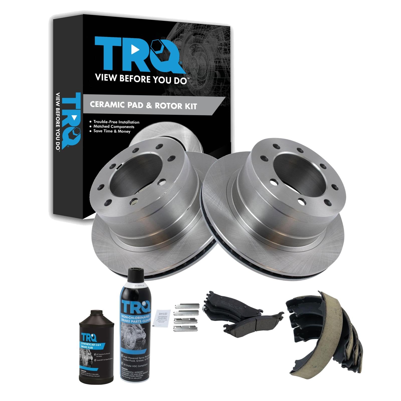 TRQ Rear Brake Pad &amp; Rotor Kit, with Chemical Kit Parking Brake Shoe Set Ceramic Compatible with 2003-2005 Dodge Ram 2500 Ram 3500
