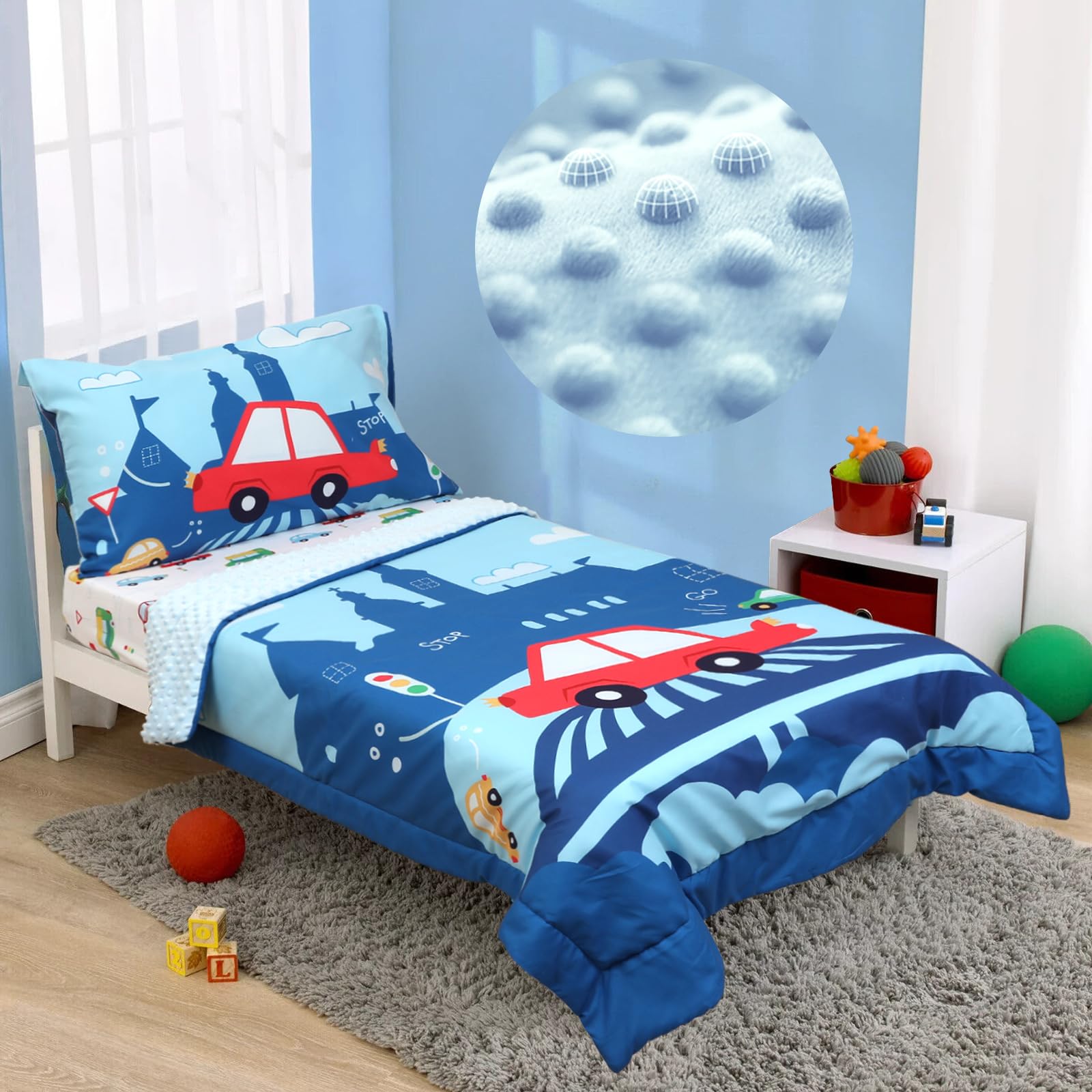 ACRABROS Toddler Bedding Set-4 Pieces Toddler Bedding Sets for Girls Boys  Includes Comforter Fitted Sheet Flat Sheet and Reversible Pillowcase,Ultra