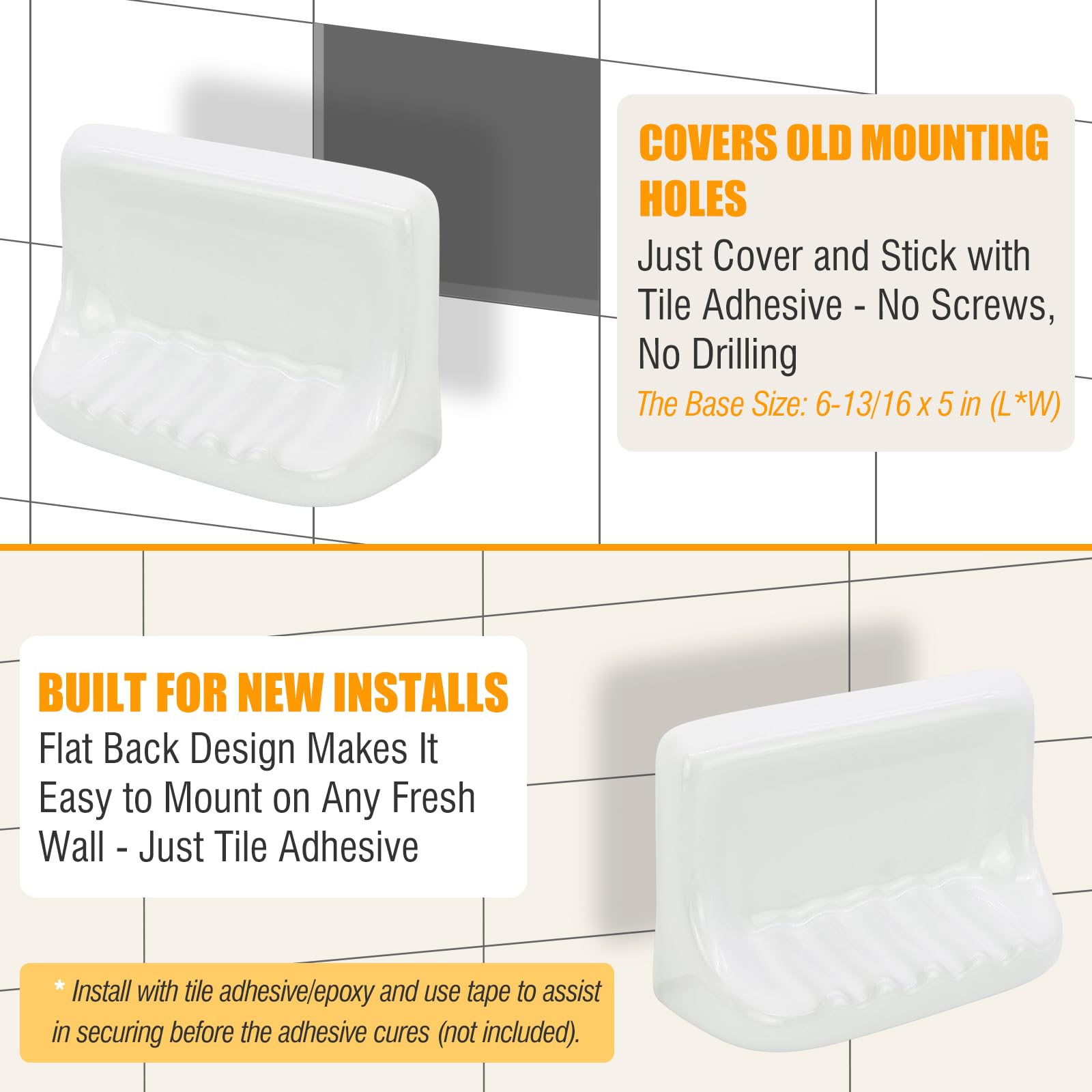 Jabonera de pared de ducha y jabonera de cerámica, se adapta a paredes de azulejos de 4 x 4 pulgadas, diseño de parte trasera plana resistente con pendiente de drenaje, antideslizante, blanco clásico