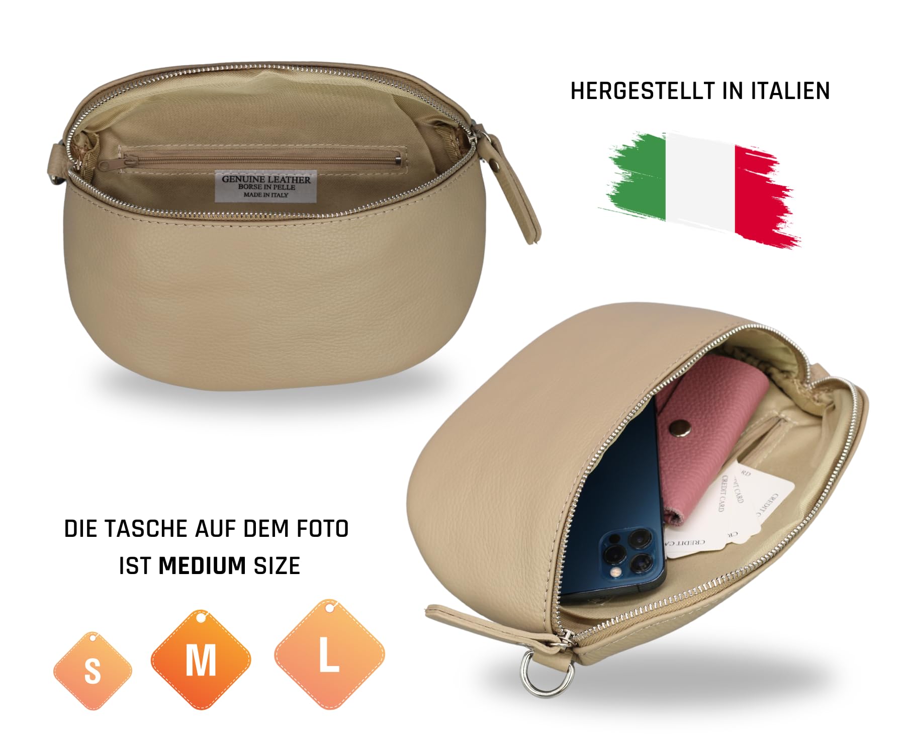 ADEL EMMA damska torebka biodrowa z prawdziwej skóry, ręcznie robiona torba na ramię, z opcjonalnymi szerokimi wzorami, stylowa torba biodrowa Made in Italy, szarobrązowo-srebrny 4, l