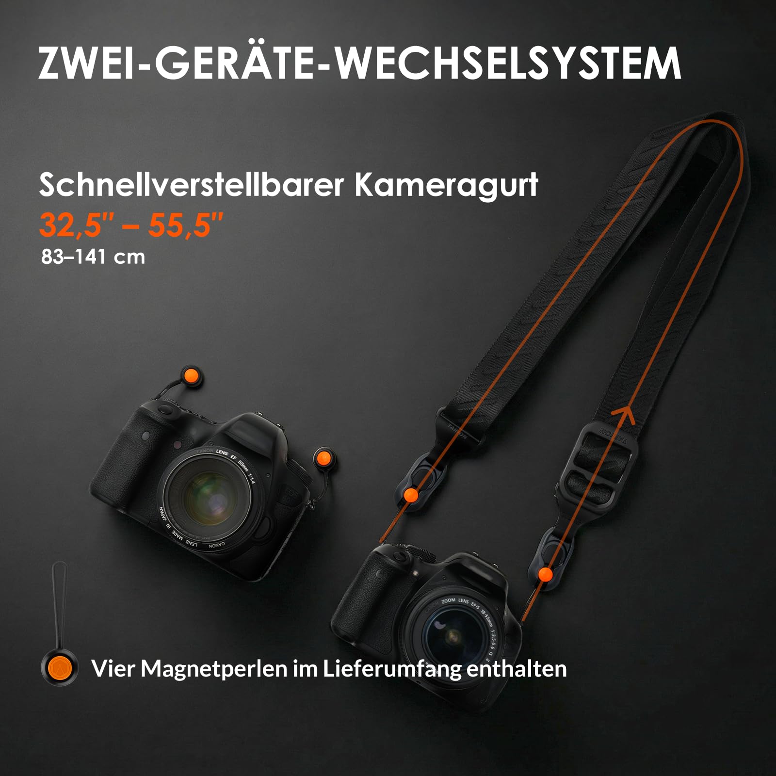 TARION Kameragurt Schnellverschluss Kamera Gurt: Magnetischer DSLR Nackengurt Schultergurt - 83-141cm Schnelle Längenverstellung - 50kg Hochbelastbare Dyneema Sicherungsanker - Magislide