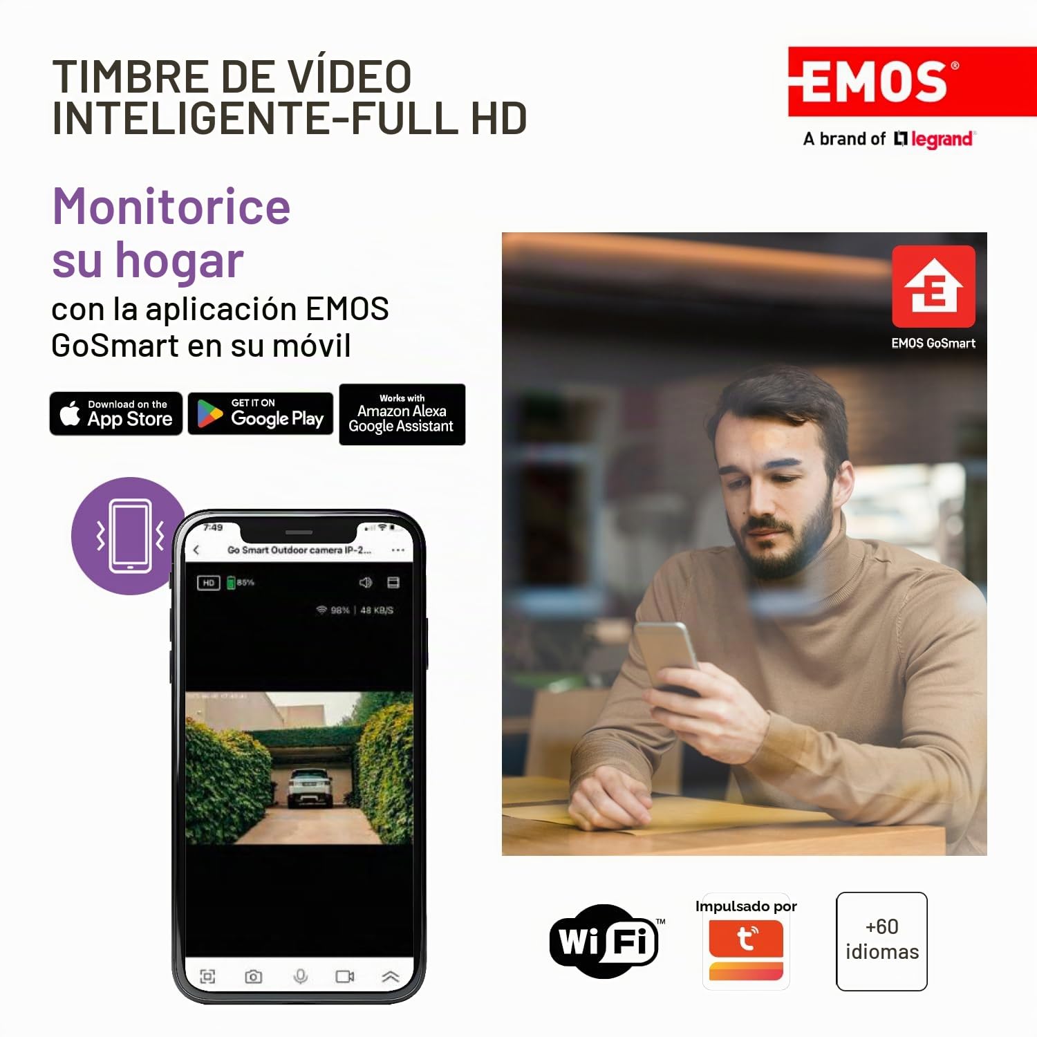 EMOS GoSmart - Timbre de Puerta con vídeo para el hogar Inteligente con aplicación, WiFi, cámara Impermeable Full HD 1080p, Panel Solar/batería, Timbre, Control de Cerradura de Puerta, protección