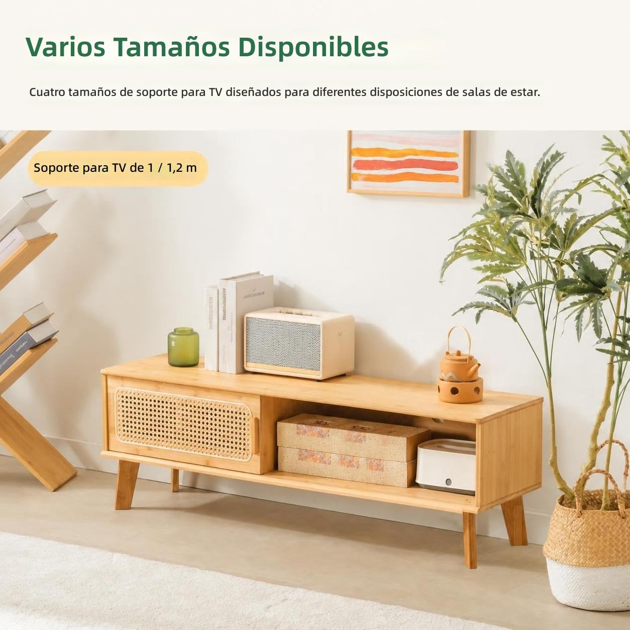Set Tavolino da Salotto e Mobile TV Stile Giapponese, Mobile Basso con Ante Scorrevoli Intrecciate in Rattan per Piccoli Spazi