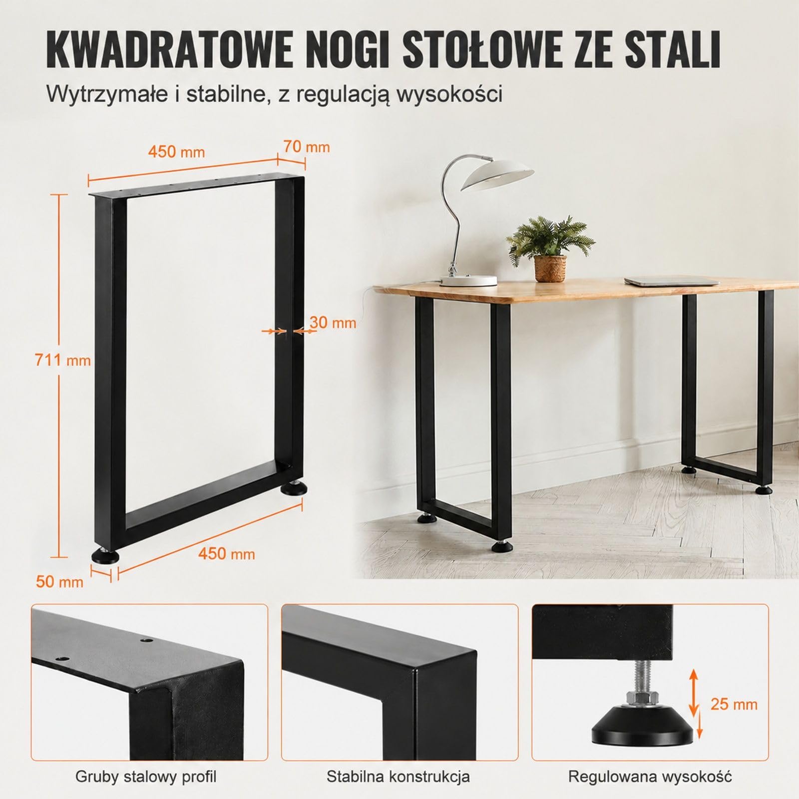 Zestaw 2 czarnych prostokątnych nóg stołowych ze stali węglowej z płytami montażowymi i regulowanymi stopkami do stołów kuchennych, konsolowych i studyjnych