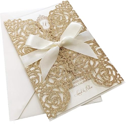 Miniatura 7 de Juego de 25 invitaciones de boda con sobres de 5.039 x 7.283 in de encaje cortado con láser para bodas, fiestas de novia, despedida de soltera