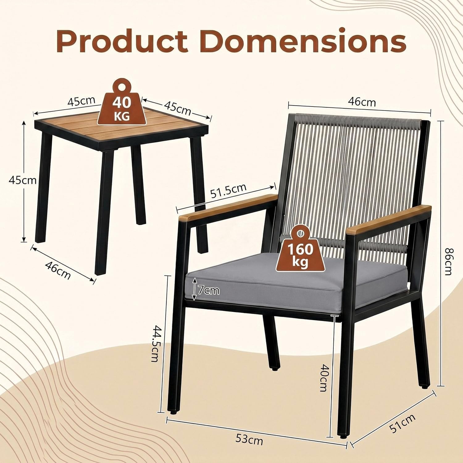 Clevich Set di mobili da giardino con cuscino rimovibile da 7 cm, schienale in rattan sintetico, struttura in metallo antiruggine e braccioli in WPC, tavolo e 2 sedie, per patio, balcone (grigio scuro