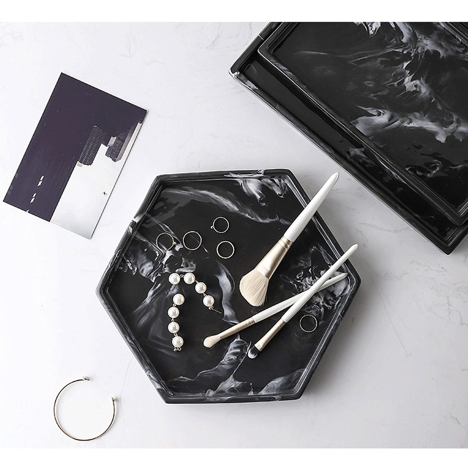 Tace na żywność, taca do serwowania ceramiczna taca toaletkowa marmurkowa taca dekoracyjna biżuteria naczynie wielokąt łazienkowy organizer na toaletkę taca na perfumy talerz na biżuterię do sypialni