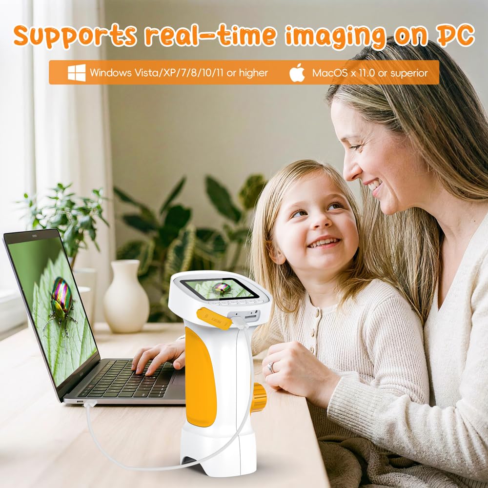 1000X Microscopio Bambini, Temodu Microscopio Digitale Bambini da 2.4‘’, con 8 luci LED Regolabili, può essere utilizzato come regalo di compleanno o di Natale 3 agli (White+Yellow)