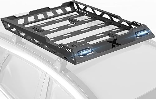 SUORTO - Cesta de carga para techo de 55 x 41 pulgadas con red de carga y 2 barras de luz LED, portaequipajes para la parte superior del automóvil,
