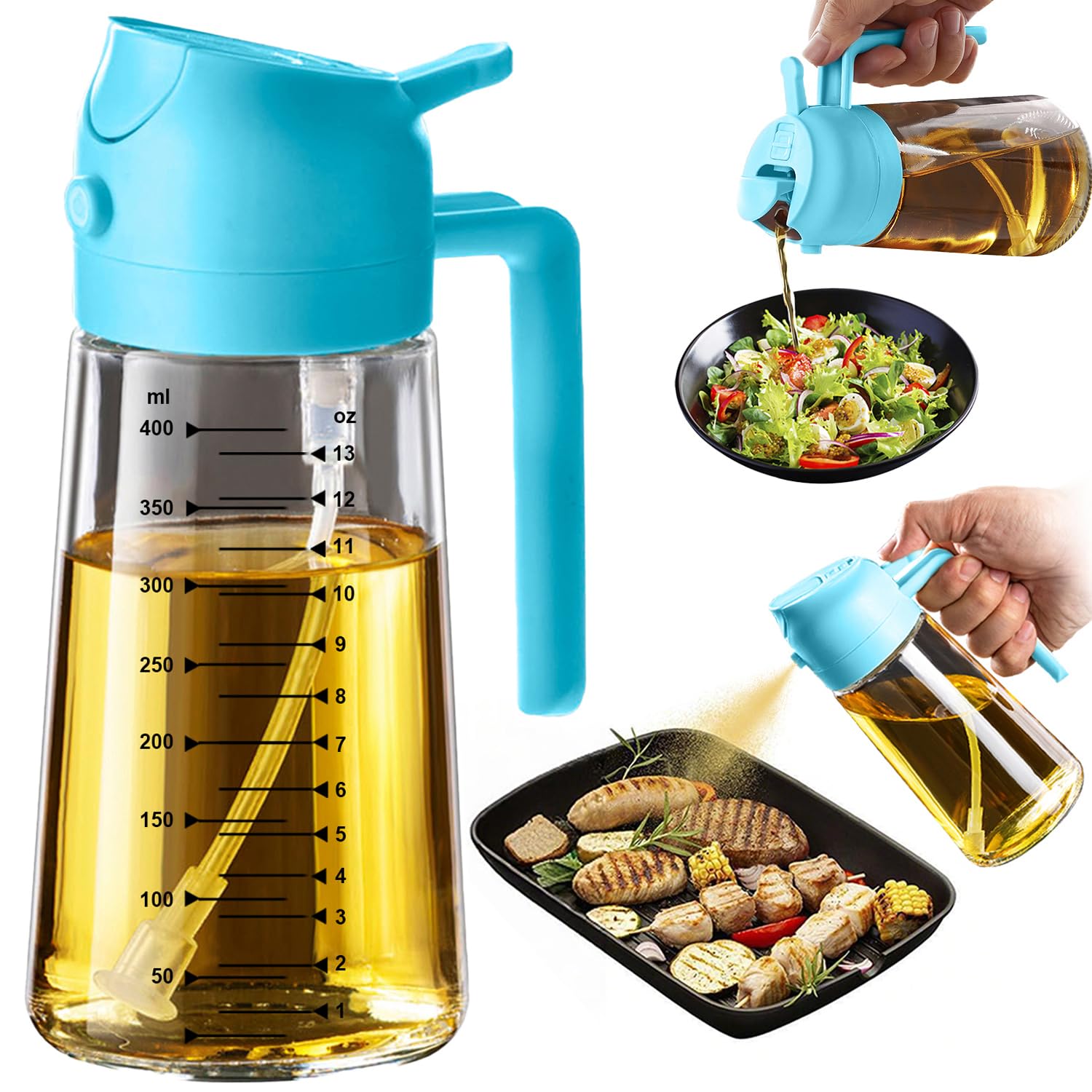 TrendPlain 16oz Ölsprüher für Speiseöl – 470ml Olivenöl Flasche – 2-in-1 Ölspender und Ölsprüher – Küchen Gadgets für Kochen, Salat und Grill