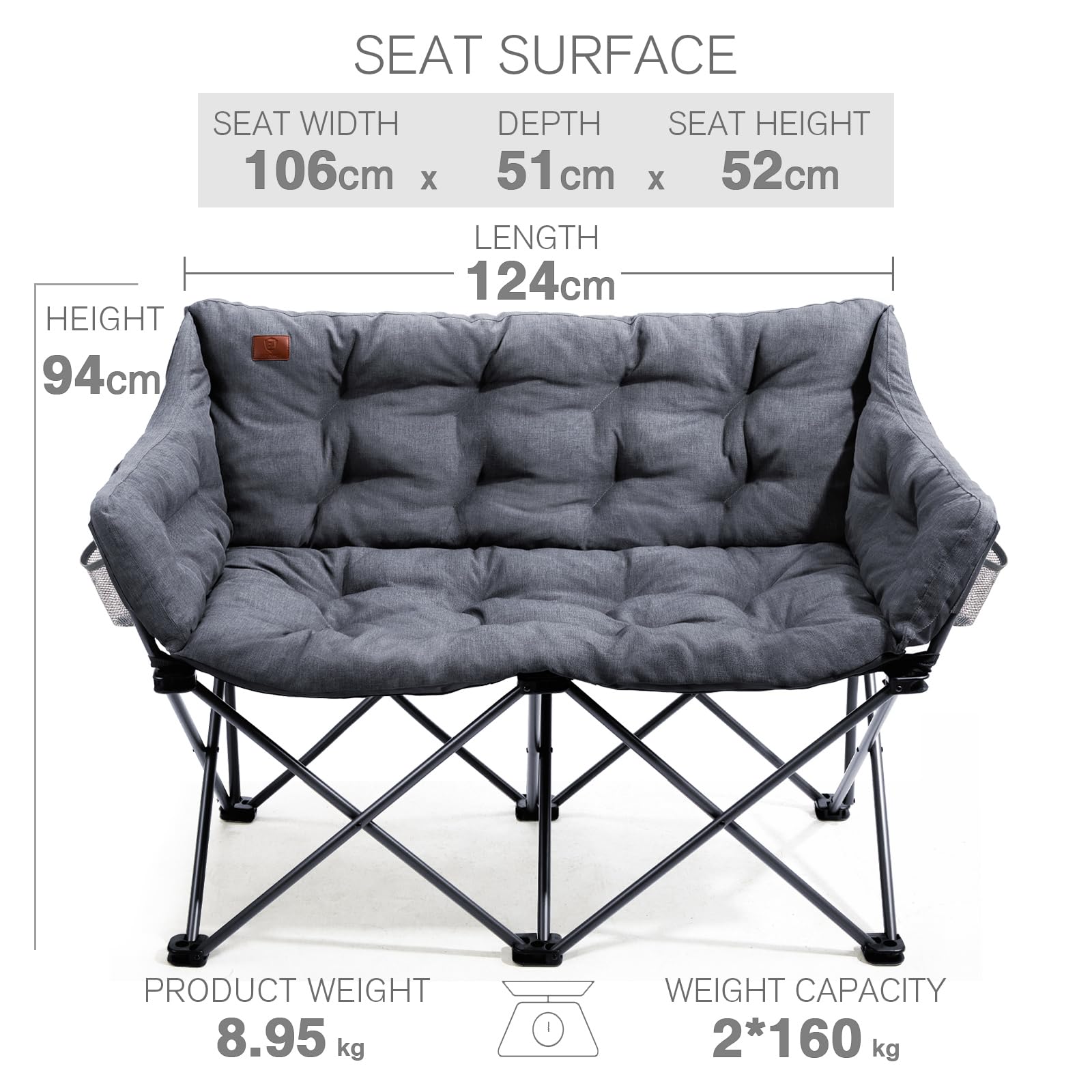 EVER ADVANCED Silla de Camping Plegable para 2 Personas, soporta 320 kg, Silla Plegable de Lujo XXL, 2 plazas, sofá de Camping Acolchado Grueso, Respaldo Alto, Extra Larga, para Exterior, jardín