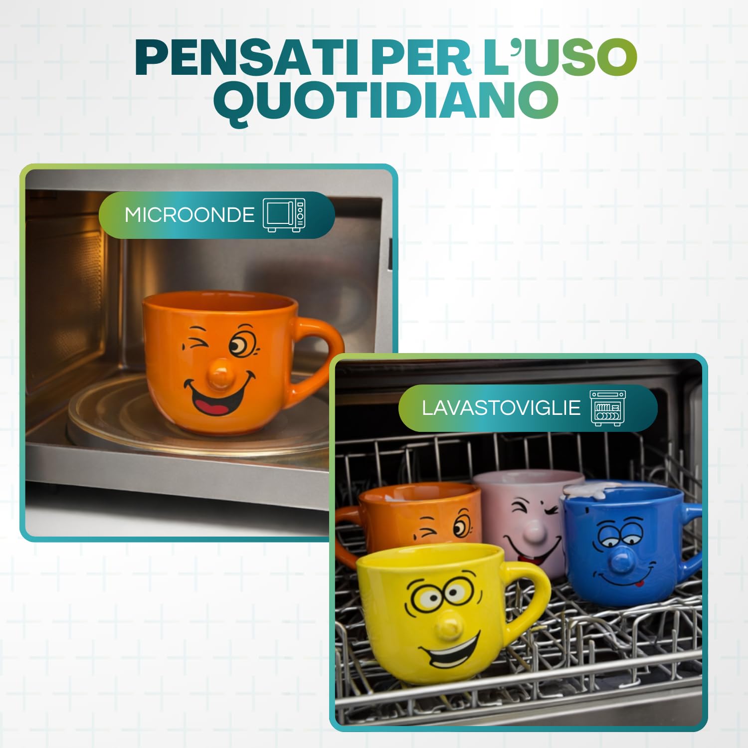 Paluplus Set 4 Tazze da Colazione in Porcellana Multicolor con Faccine Divertenti, Capacità 450 ml, Tazze Mug con manico, Lavabili in Lavastoviglie, adatte per Microonde, per Thè, Tisane e Latte -218F