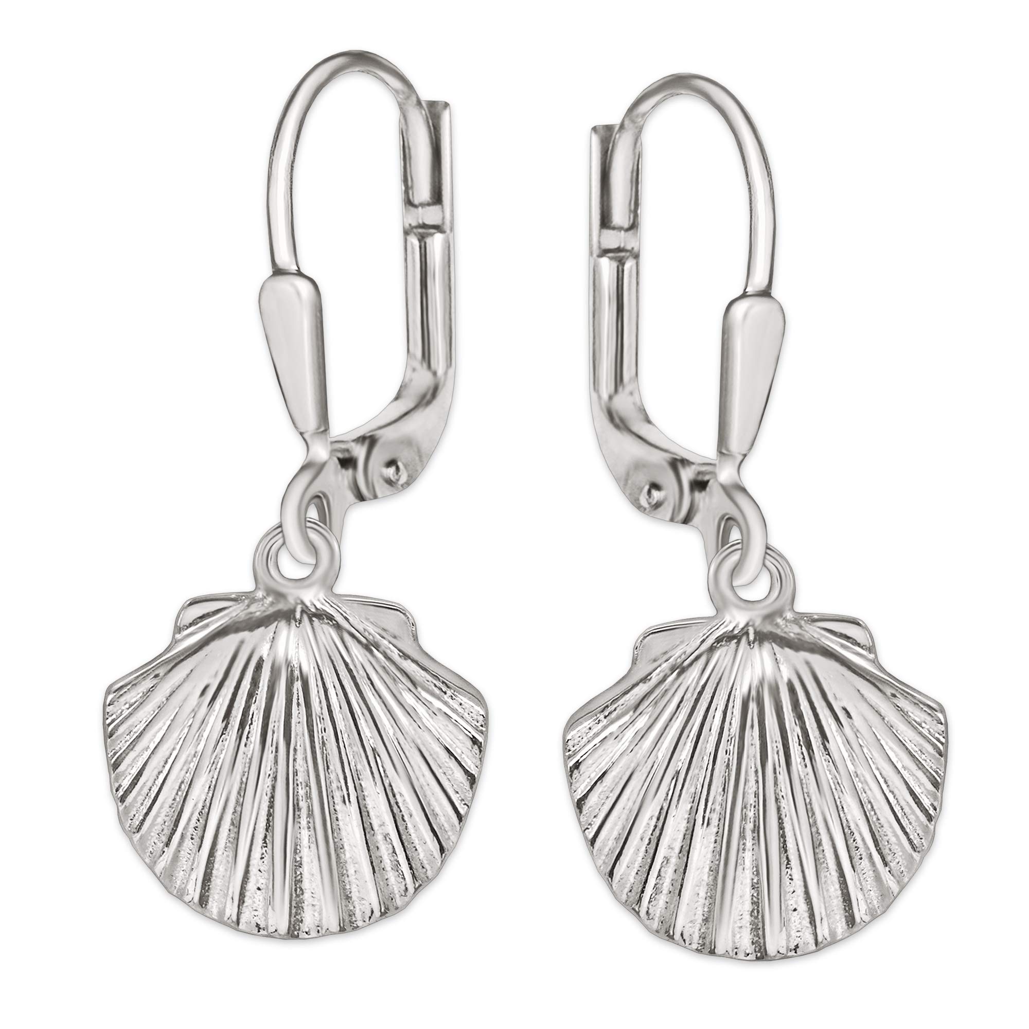 CLEVER SCHMUCKSilver Shell Earrings 29 mm Shiny Scallop 13 mm Plastic Pronounced 925 Sterling Silver for Women in Case Blue, Silver