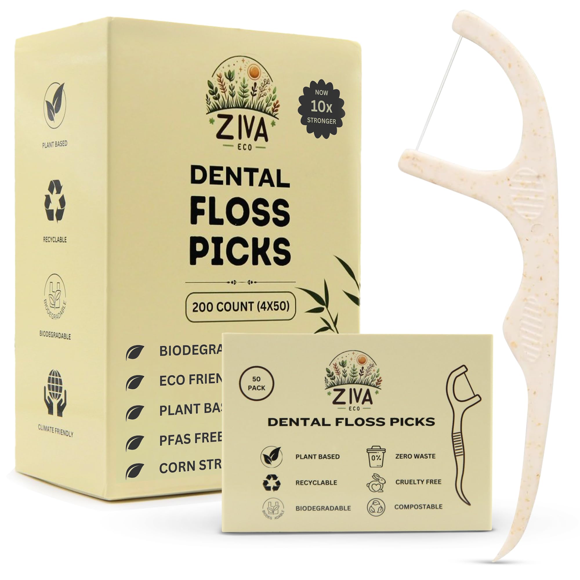 Ziva Eco 2026 Improved Biodegradable Dental Floss Picks – 200 Count Stronger Cornstraw Handles PFAS‑Free, Plant‑Based, Shred‑Resistant Unflavored