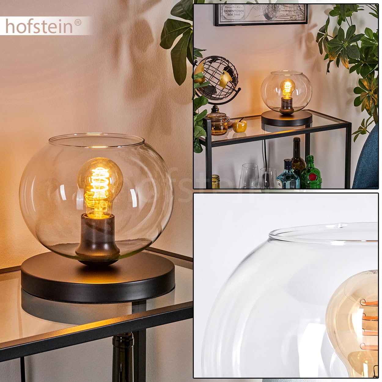 Tischleuchte Apedo, Tischlampe aus Metall/Glas in Schwarz/Klar, Leuchte im modernen Retro/Vintage-Design mit Schirm aus Glas (Ø 20 cm) u. An/-Auschalter am Kabel, 1 x E27, ohne Leuchtmittel