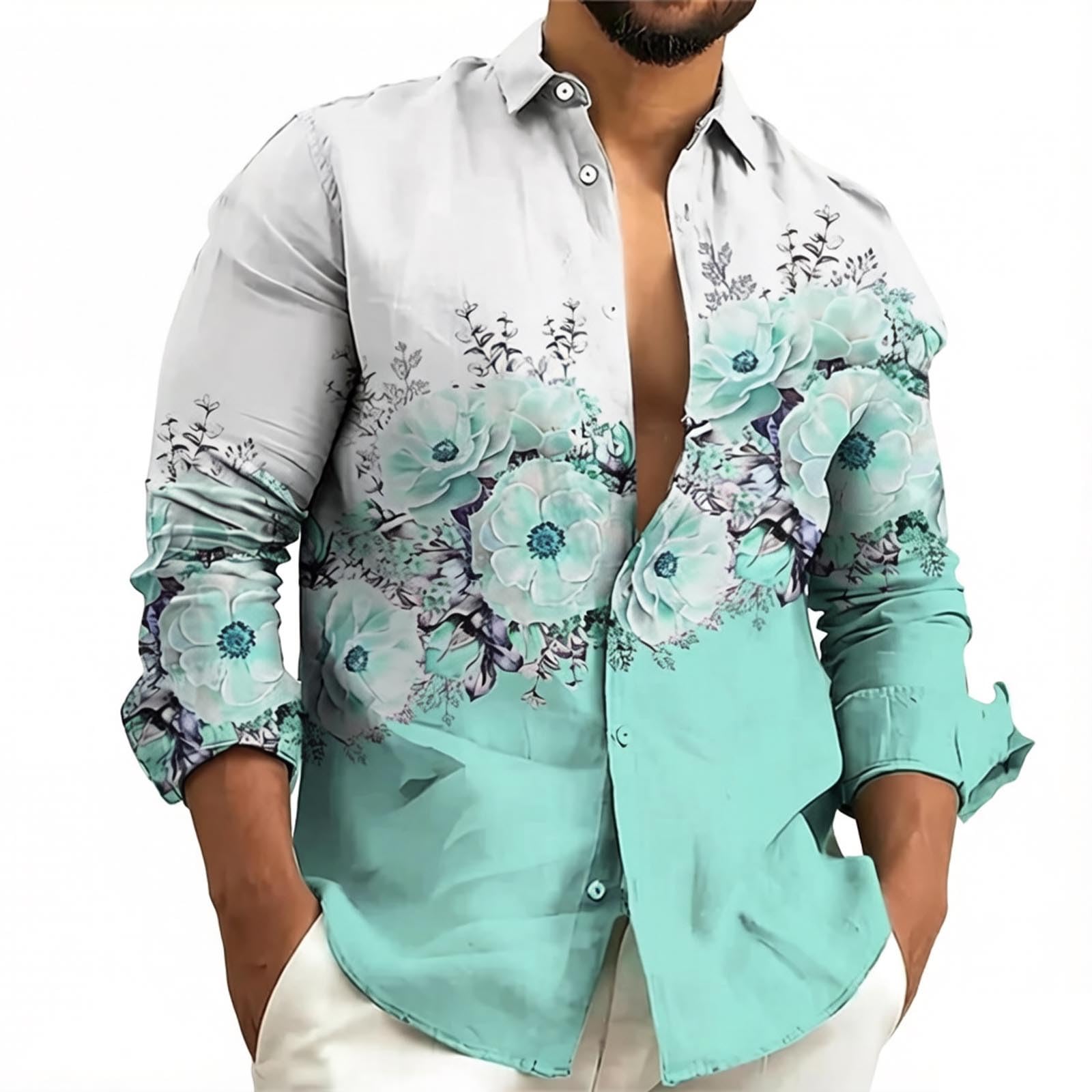Camisa de manga larga para hombre, cuello alto, estampado de flores, camiseta de manga larga, corte holgado, estilo hawaiano, camisa de playa, camisa de leñador medieval, ligera y ventilada, camisa de