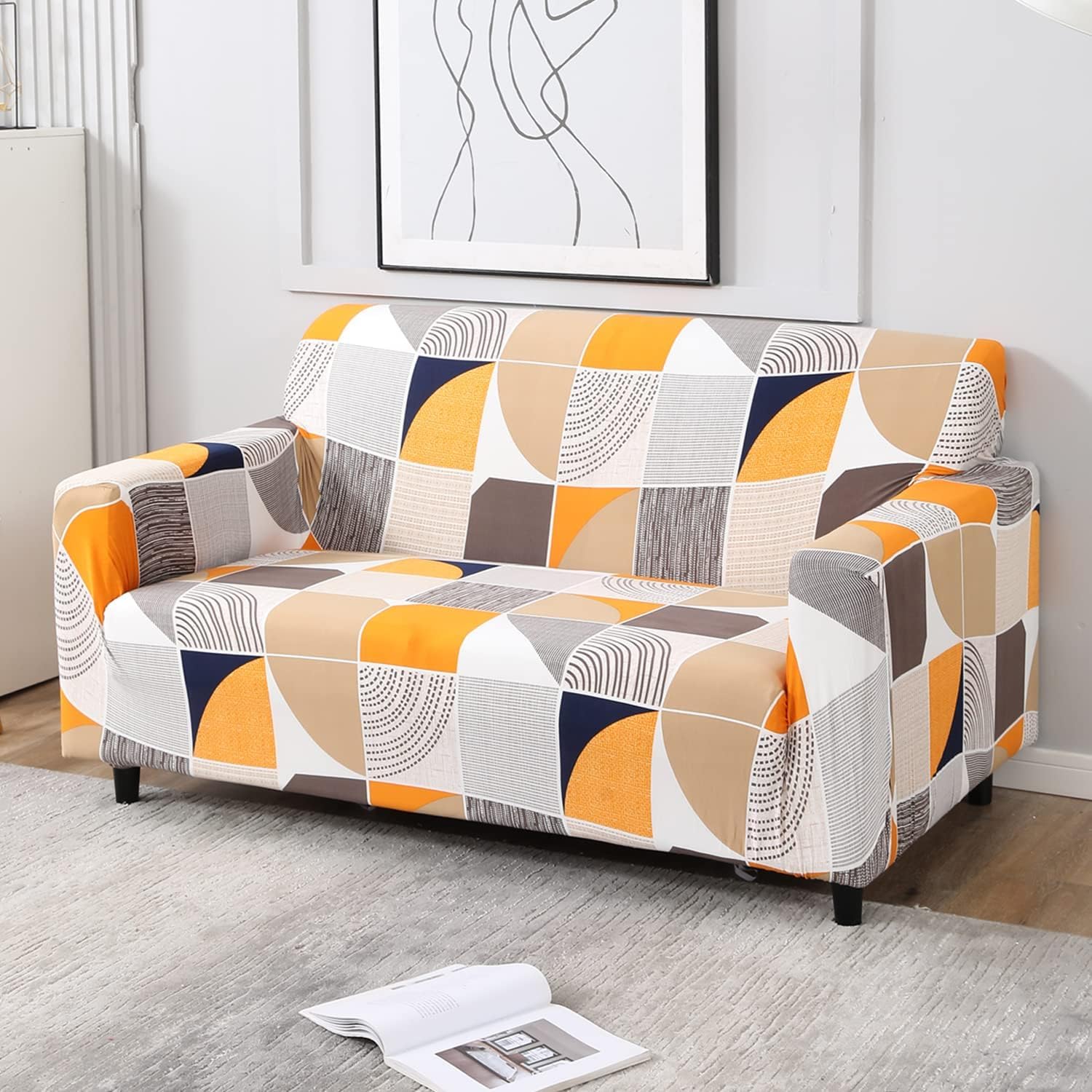 HOKIPO Sofa Cover 2 Seater Fully Covered, Square Abstract