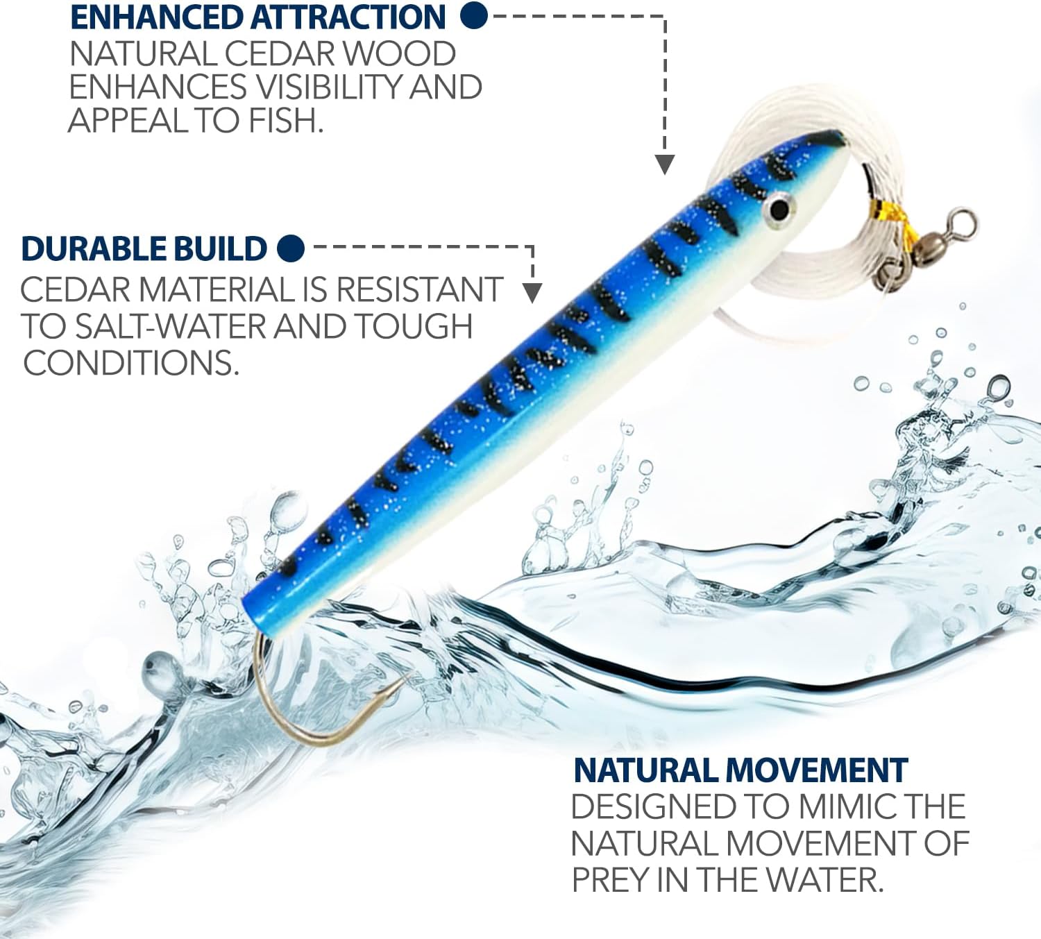 8" Cedar Plug Lures, 6 Pcs Blue/White Rigged, for Offshore Trolling, Includes Lure Bag, Ideal for Tuna & Saltwater Fishing