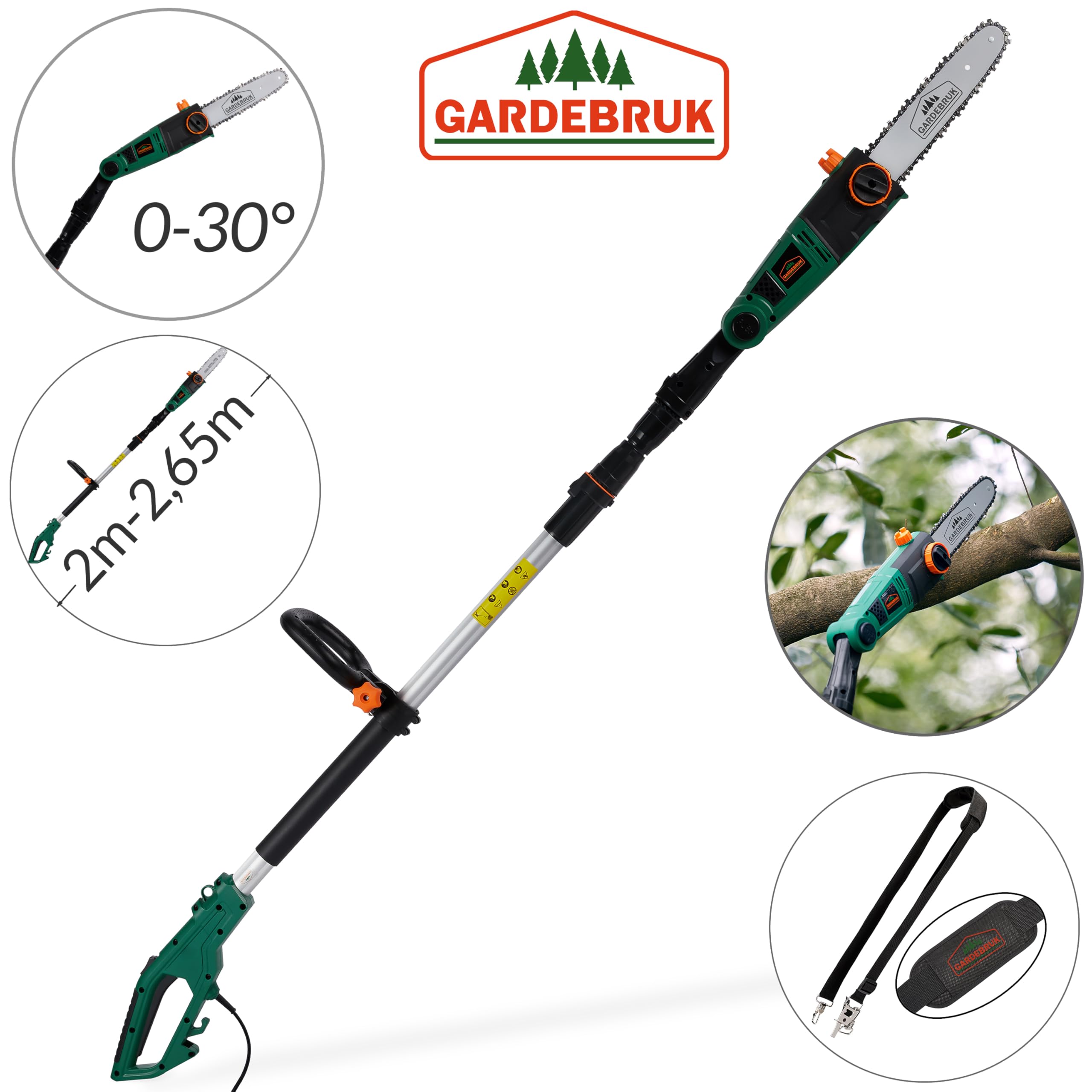 GARDEBRUK® Elagueuse sur perche électrique 750W poignée ergonomique lame 26cm télescopique coupe branche tronçonneuse sécateur scie arbre branches