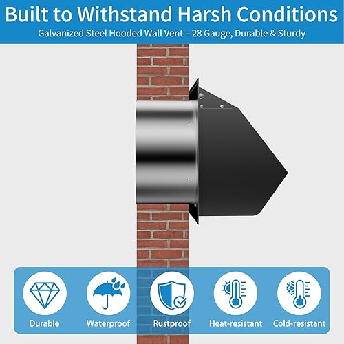 Miniatura 3 de Ventilación de pared con capucha de 6 pulgadas con rejilla y amortiguador, tapa de ventilación de escape de pared, cubierta de ventilación de